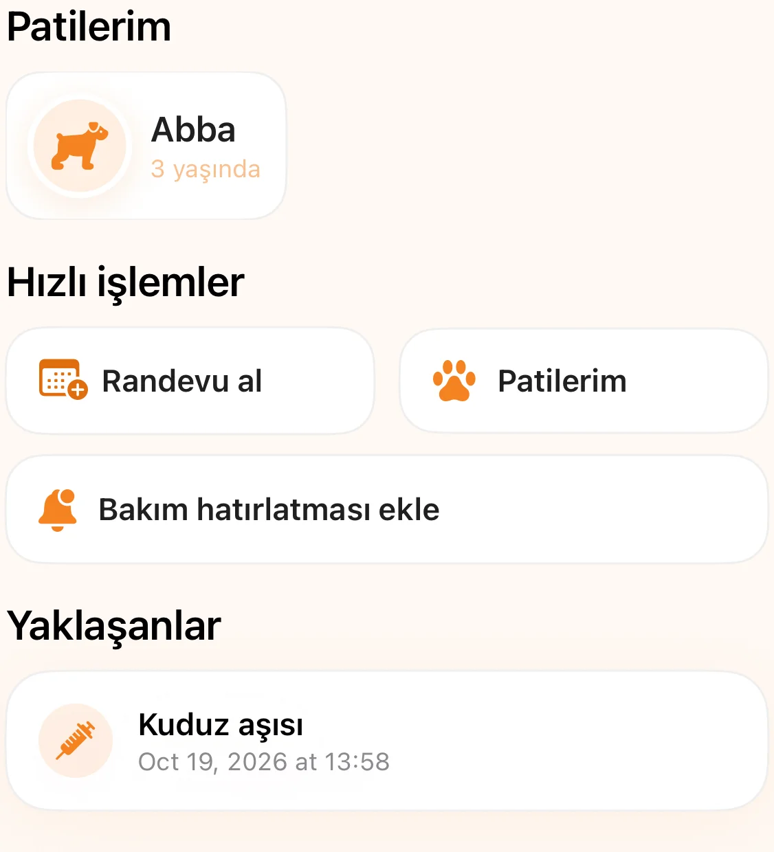 Klinik takip uygulamasında pati profili, hızlı işlemler ve yaklaşan bakım kaydı