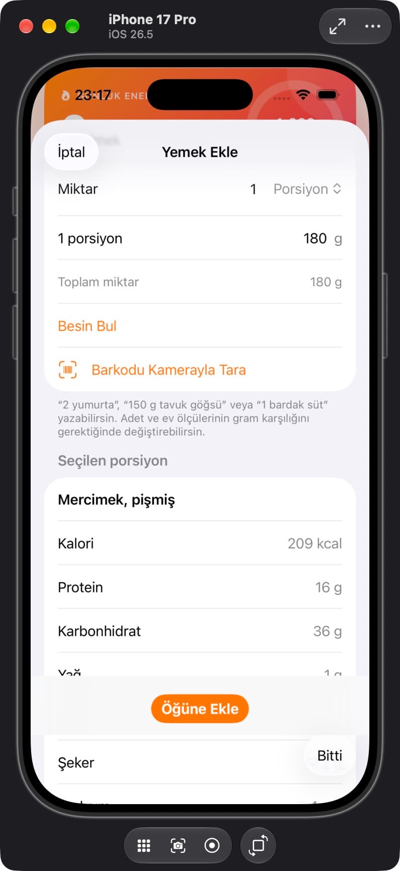 FitRota’nın porsiyon hesabı ekranı