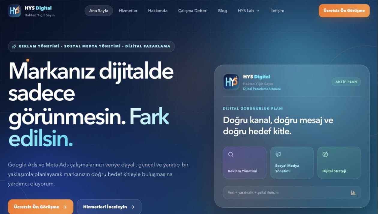 HYS Digital web sitesinin geliştirme ekranı